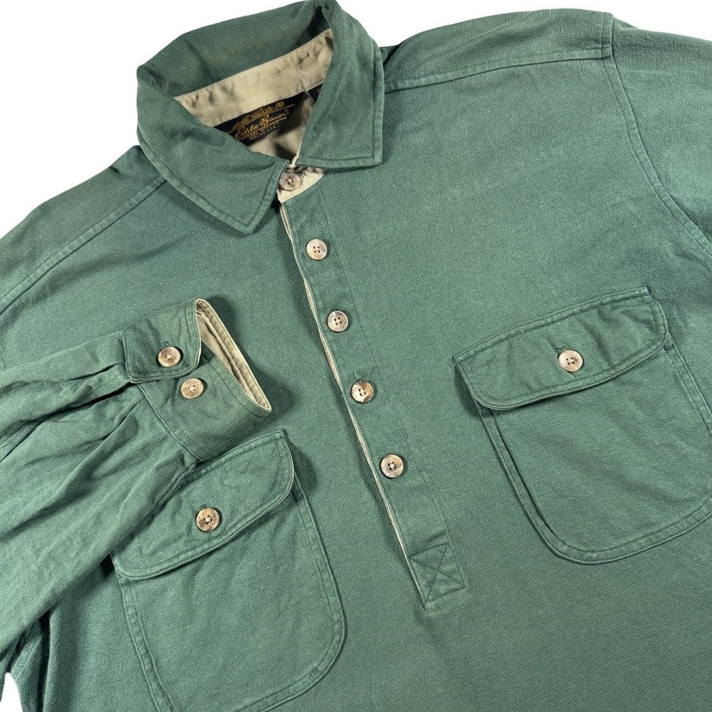 Eddie Bauer Long Sleeve Jersey Polo Men Large Green Pocket Rugby Shirt Vintage